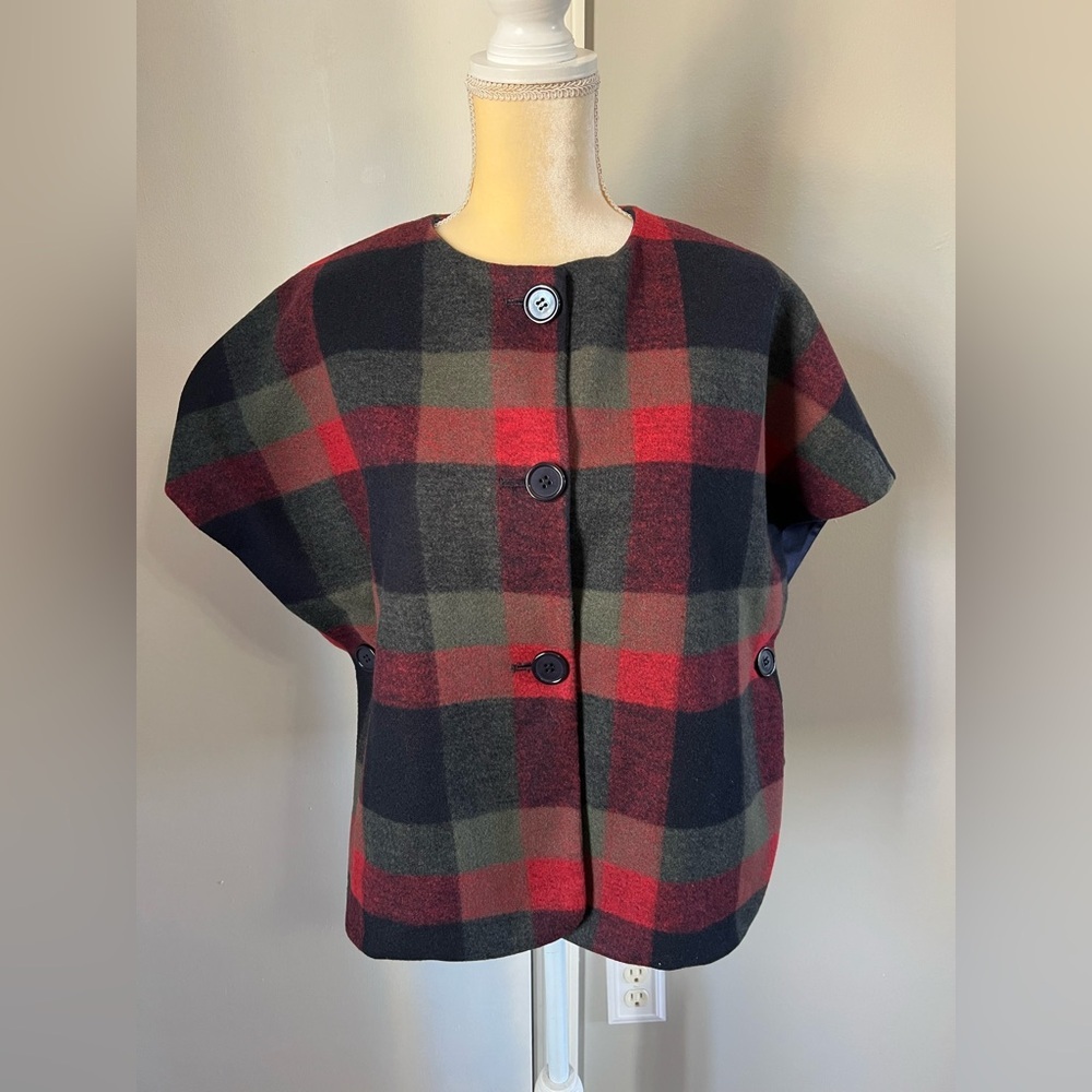 Maeve by Anthropology Red Plaid Multicolor Polyester Blend Cropped Cape One Size - Picture 2 of 8